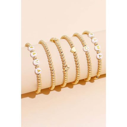 Gold 6Pcs MAMA Heart Star Shape Beaded Bracelet Set