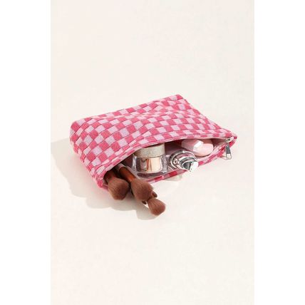 Bright Pink Checkered Print Cosmetic Bag