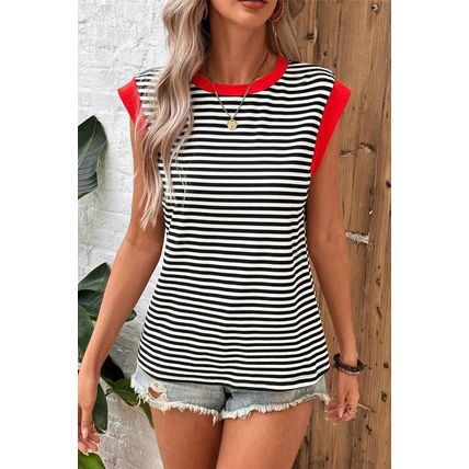 Black Stripe Colorblock Edge Round Neck Tank Top