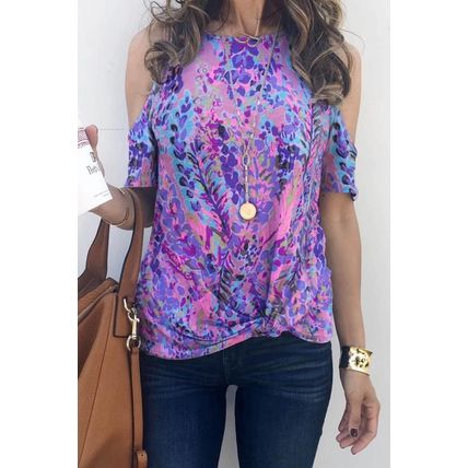 Multicolor Lavender Floral Print Cold Shoulder Blouse