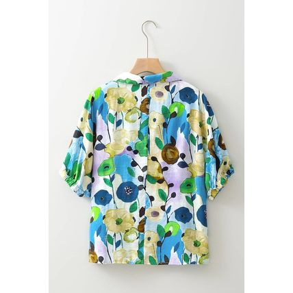 Light Blue Floral Print Slit V Neck Short Sleeve Blouse
