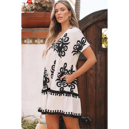 Black Vintage Print V Neck High Waist Short Sleeve Dress