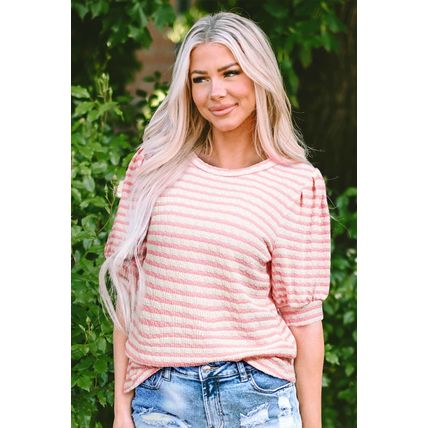 Pink Stripe Textured Puff Sleeve Crewneck Top