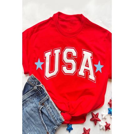 Red Star USA Print Crewneck Patriotic T Shirt