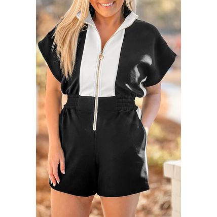 Black Contrast Collar Patchwork Zip Front Romper