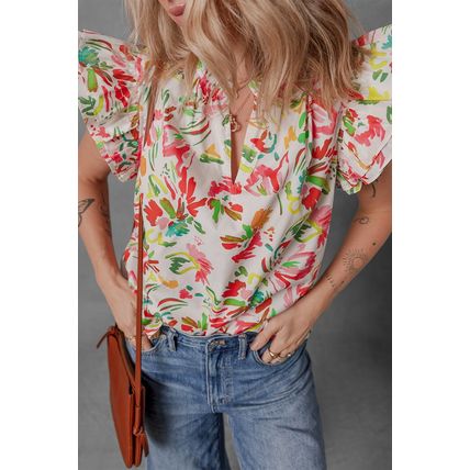 Multicolour Allover Floral Printed Flutter Sleeve Split Neck Blouse