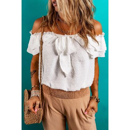 White Off Shoulder Ruffle Knotted Detail Swiss Dot Blouse