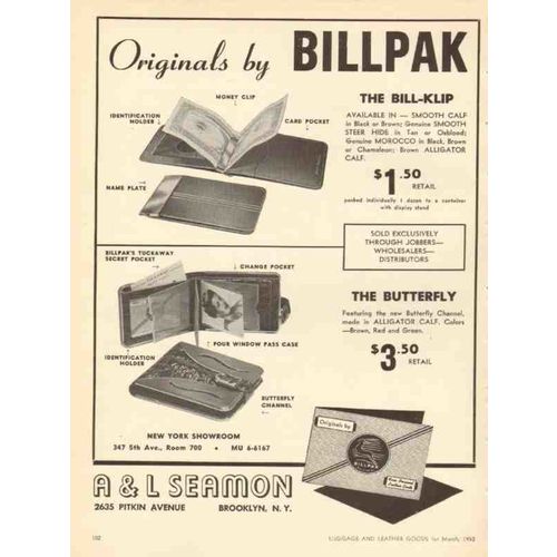 a l seamon company 1950 billpak bill-klip butterfly wallet vintage ad