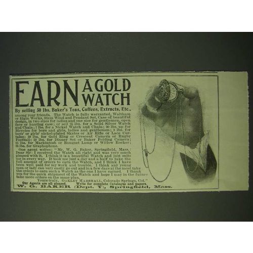 1900 W.G. Baker Baker's Teas, Coffees, Extracts Ad - Earn a Gold Watch