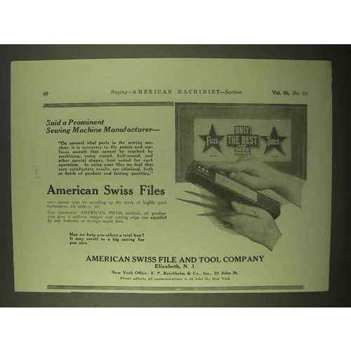 1922 American Swiss Files Ad - Sewing Machine