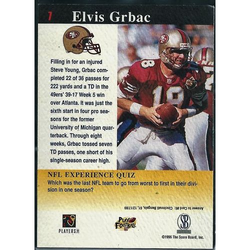 1996 Score Board NFL Experience San Francisco 49's Elvis Grbac 7