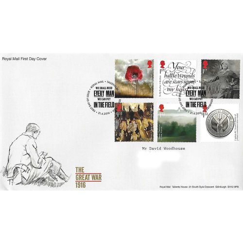 Great Britain SG 3838/43 FDC: Centenary of the Great War: Edinburgh Postmark.