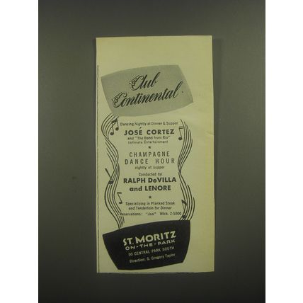 1946 St. Moritz On-The-Park Ad - Club Continental dancing nightly at dinner