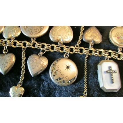 RARE 1800's Gold Victorian Heart Locket Charm bracelet 18 Lockets 88.7 grams