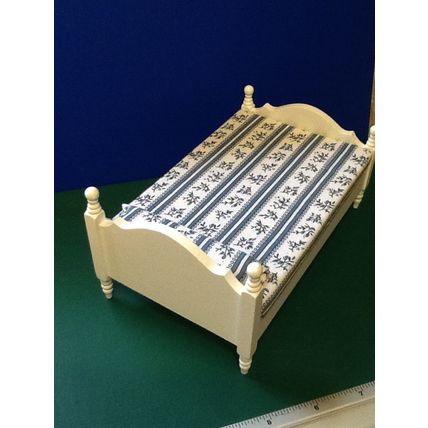 White Double Bed with Blue White Striped Mattress 1:12th Dolls House Miniature