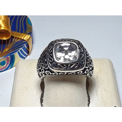 Estate 3.0ct Cushion Cut Bezel Set CZ Sterling Silver black Antiqued Ring #17760