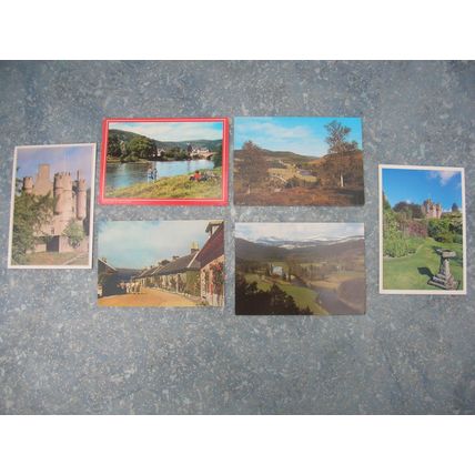 6 old Scottish (Scotland) Postcards – Braemar Castle, Luss, Ballater, Crathes.