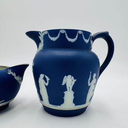 Antique Wedgwood Dipped Blue Pitchers England Jug Creamer Embossed Small
