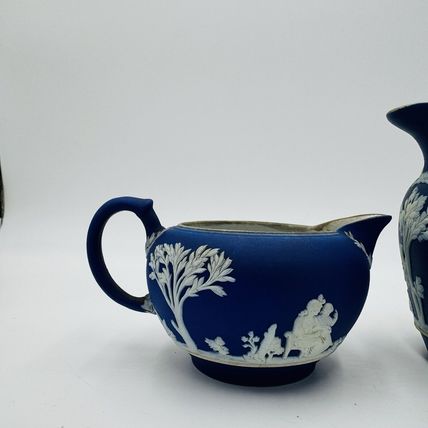 Antique Wedgwood Dipped Blue Pitchers England Jug Creamer Embossed Small