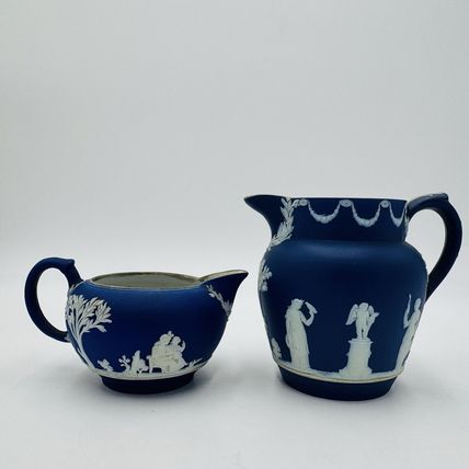 Antique Wedgwood Dipped Blue Pitchers England Jug Creamer Embossed Small