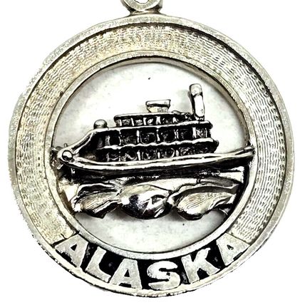Alaska Keychain Souvenir Silver-Tone Metal Ferry Boat Vintage (B15)
