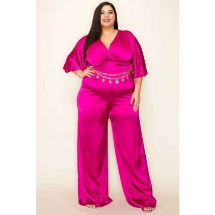 Satin Wrap Front Short Sleeve Smocked Waist Jumpsuit