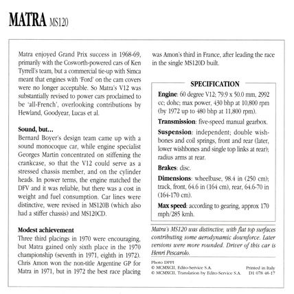 Collectors Club card. Classic Cars. Matra MS120