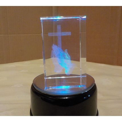 3D Laser Engraved Colour Changing Praying Hands & Cross on a LED Stand