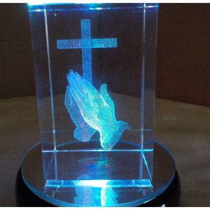 3D Laser Engraved Colour Changing Praying Hands & Cross on a LED Stand