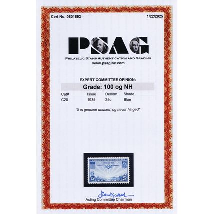 C20, Mint Superb NH 25¢ With Graded 100 PSAG Certificate * Stuart Katz