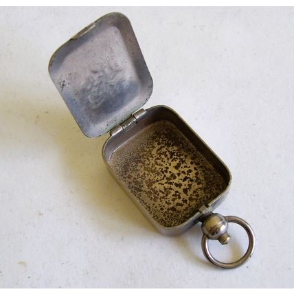 Antique Fob Snuff Box Watch Chain Tablet Pill Engraved Pocket White Metal Case
