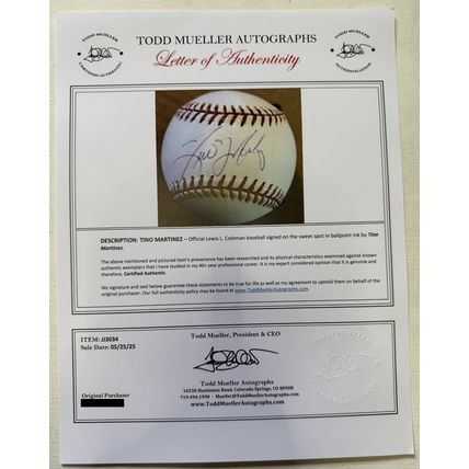 Tino Martinez Signed Autographed Official National League (ONL) Baseball