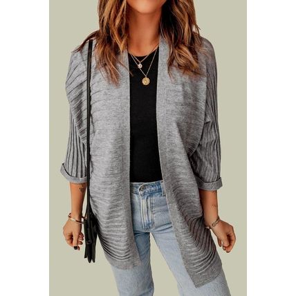Grey Ribbed Open Front Knit Cardigan