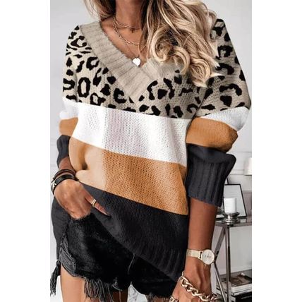 Khaki Leopard Color Block Long Sleeve Sweater