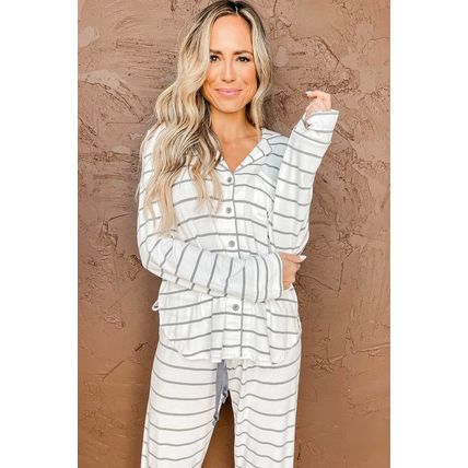 Striped Print Long Sleeve and Pants Pajamas Set
