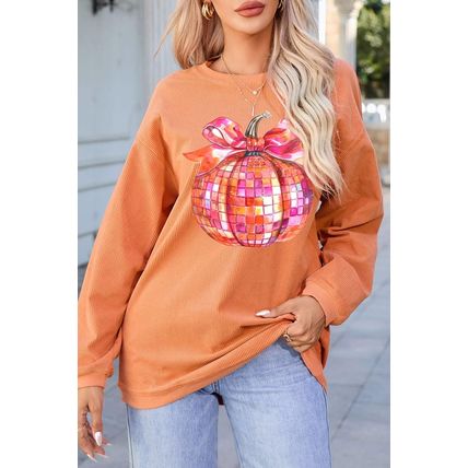 Orange Bow Pumpkin Graphic Crewneck Corded Thanksgiving Sweatshirt