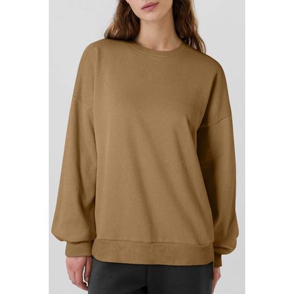 Camel Solid Fleece Lined Drop Shoulder High Low Sweatshirt
