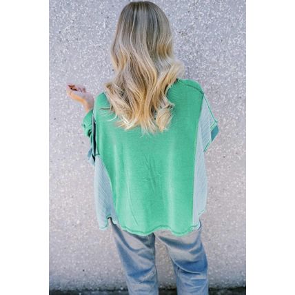 Green Colorblock Stitching Patchwork Buttoned Long Sleeve Top