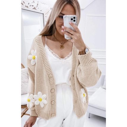 Parchment Elegant Flower Decor Button Front Cardigan
