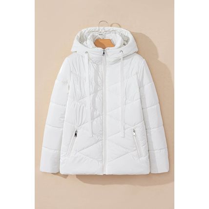 White Solid Quilted Hooded Zip Up Puffer Coat