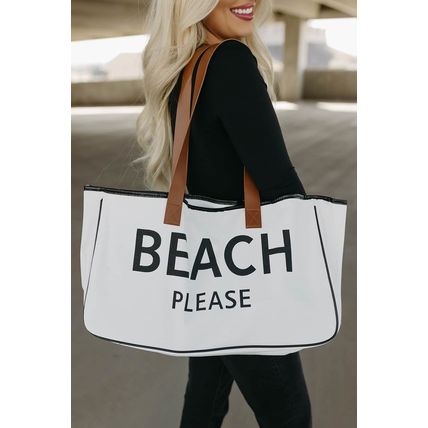 Bright White BEACH PLEASE Print Large Canvas Tote Bag