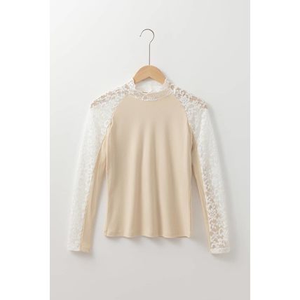 Beige Floral Lace Patchwork Long Sleeve High Neck Slim Top