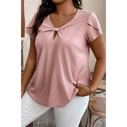 Pink Knotted Keyhole Front Petal Short Sleeve Plus Size Top