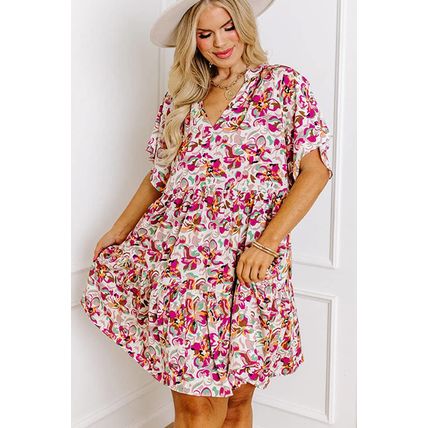 White Abstract Print V Neck Short Sleeve Ruffled Plus Size Mini Dress