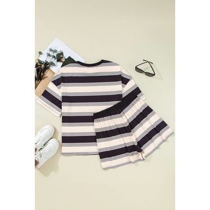 Black Stripe Short Sleeve T Shirt and High Waist Pocketed Shorts Set