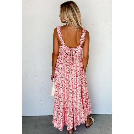 Pink Geometric Print Knot Back Sleeveless Ruffle Hem Dress
