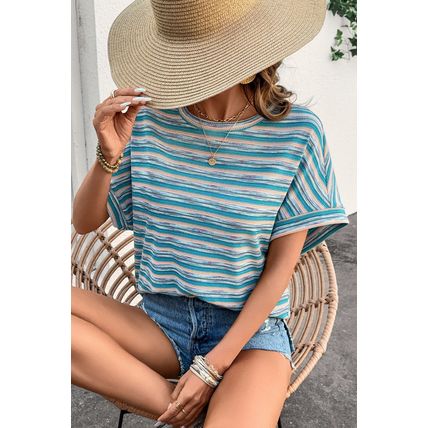 Multicolour Striped Wide Sleeve Loose T Shirt