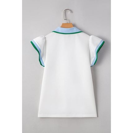 White Color Contrast Ruffled Sleeve Collared V Neck Blouse