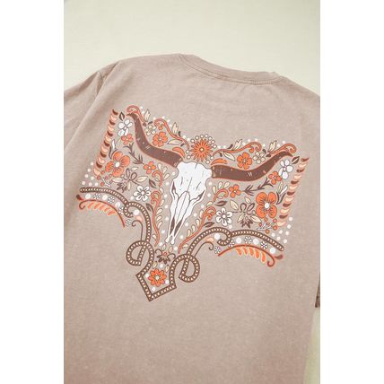 Smoke Gray Mineral Wash Floral Steer Head Printed Back Western Fashion Tee