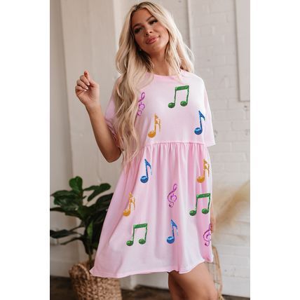 Light Pink Sequined Note Pattern Raw Edge Music Festival Babydoll T-shirt Dress